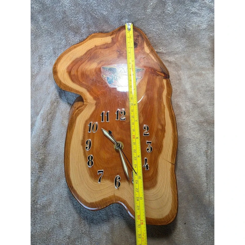 Vintage 1992 Tom Snider Signed Live Edge Wood Slab Wall Clock American Eagle 11